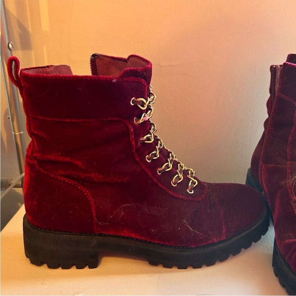 CECELIA New York Red Wine Velvet Chain Detail Combat Moto Boots Anthropologie